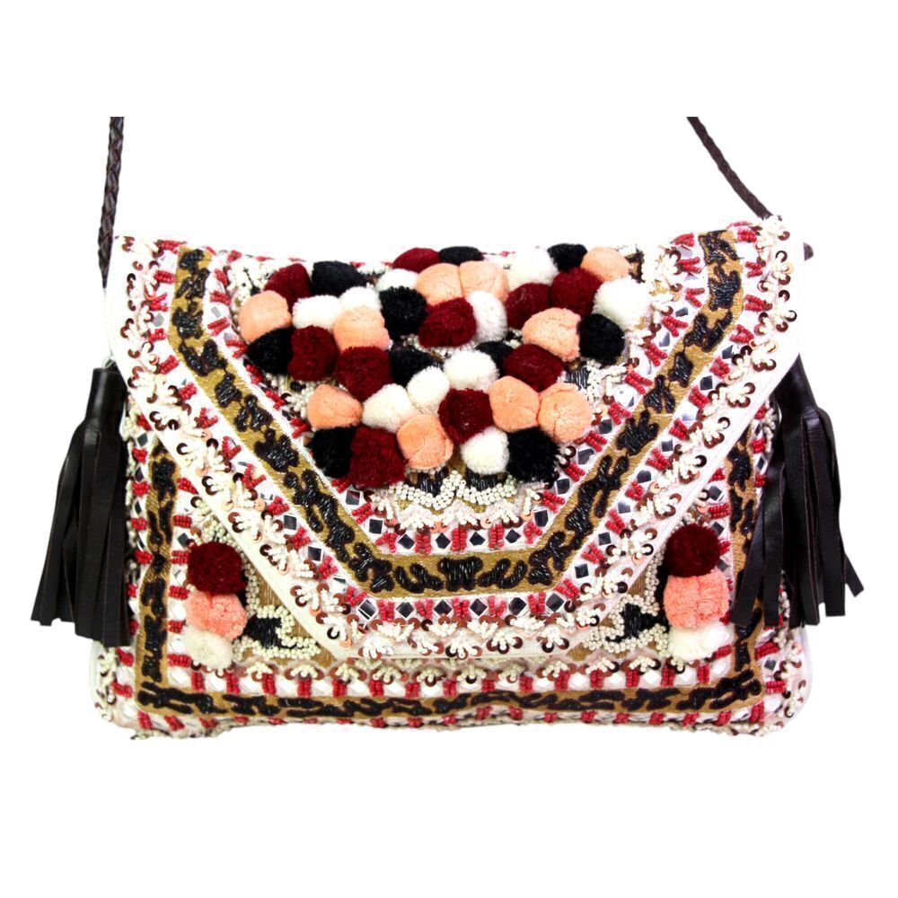 ibBan MULTICOLOR BEADED WHITE COTTON TASSELS X-BODY ENVELOP SHOULDER BAG PURSE
